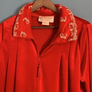 Vtg 80s Cinema Etoile Red House Robe M Loungewear Tassel Zip Lace Collar Velvet